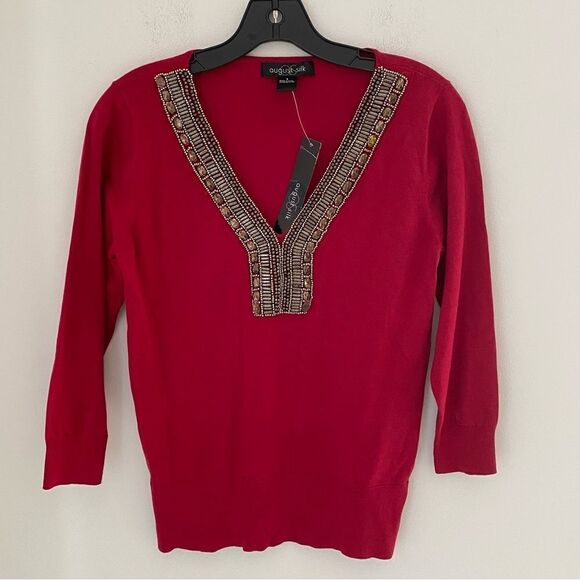 August Silk Women’s V Neck 3/4 Sleeve Red Beaded Neck Sweater size S - Picture 1 of 3